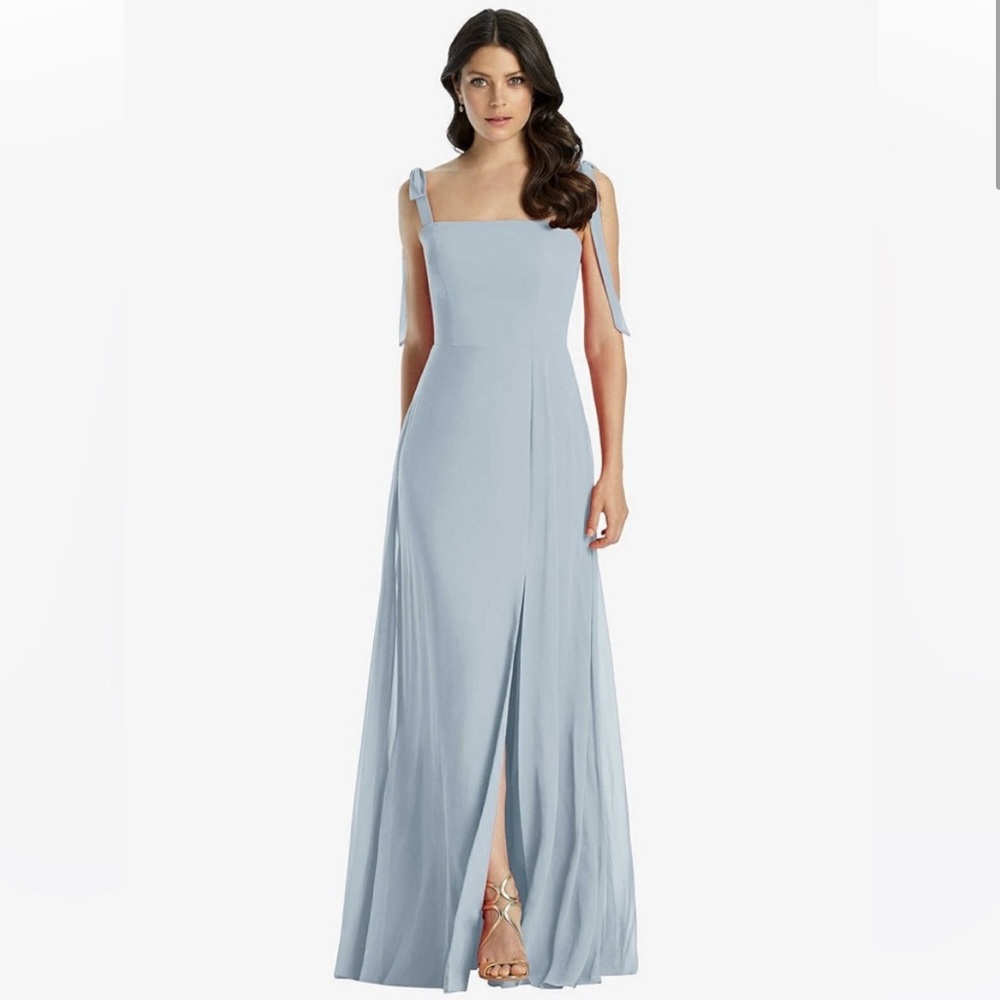 Dessy Collection light blue chiffon bow strap dress